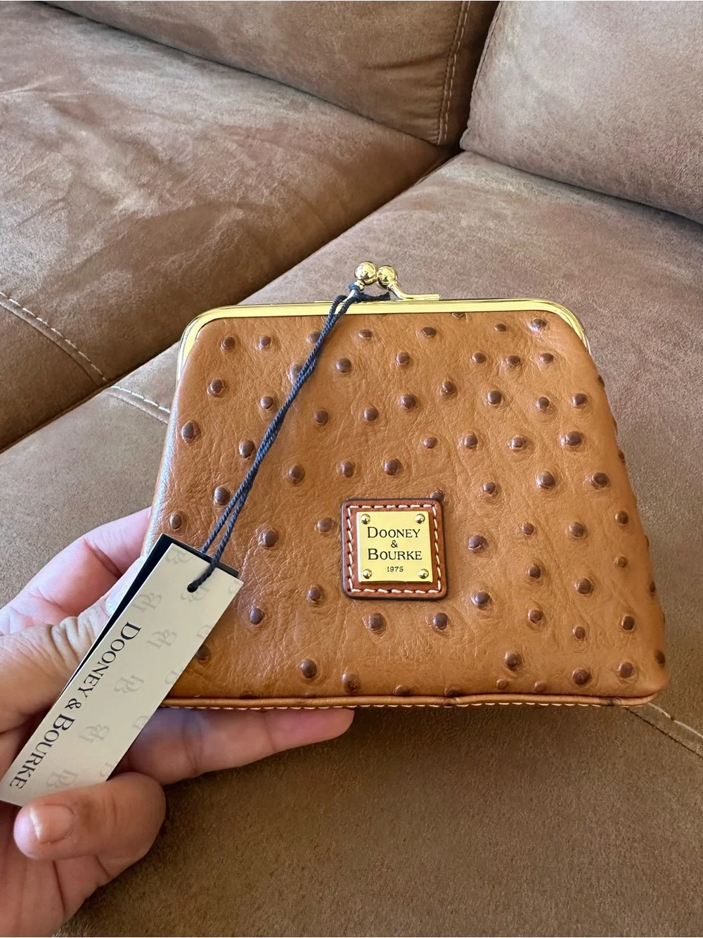 Dooney & Bourke Cognac Ostrich-Embossed Shoulder Bag with Matching Coin Purse